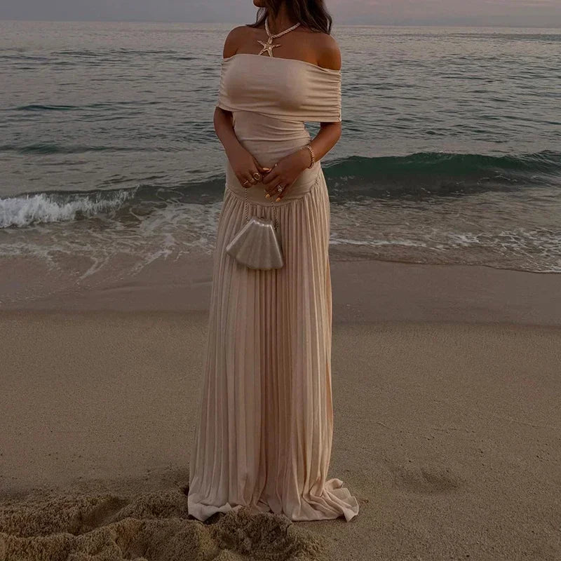 Elegant scoop neck pleated dress for women