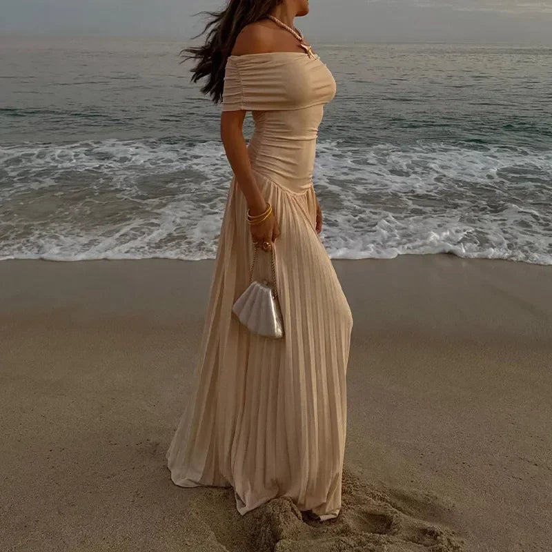 Elegant scoop neck pleated dress for women