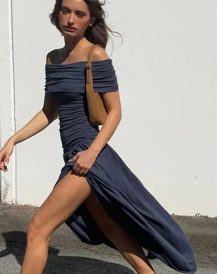 Elegant scoop neck pleated dress for women