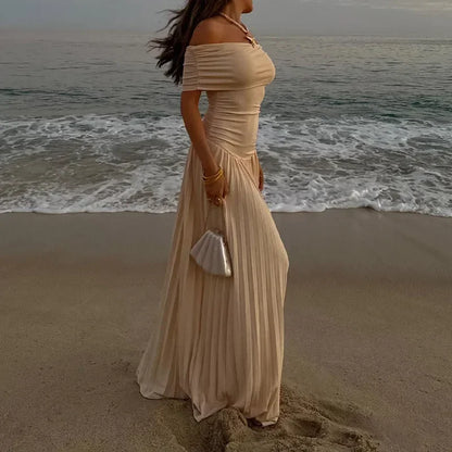 Elegant scoop neck pleated dress for women
